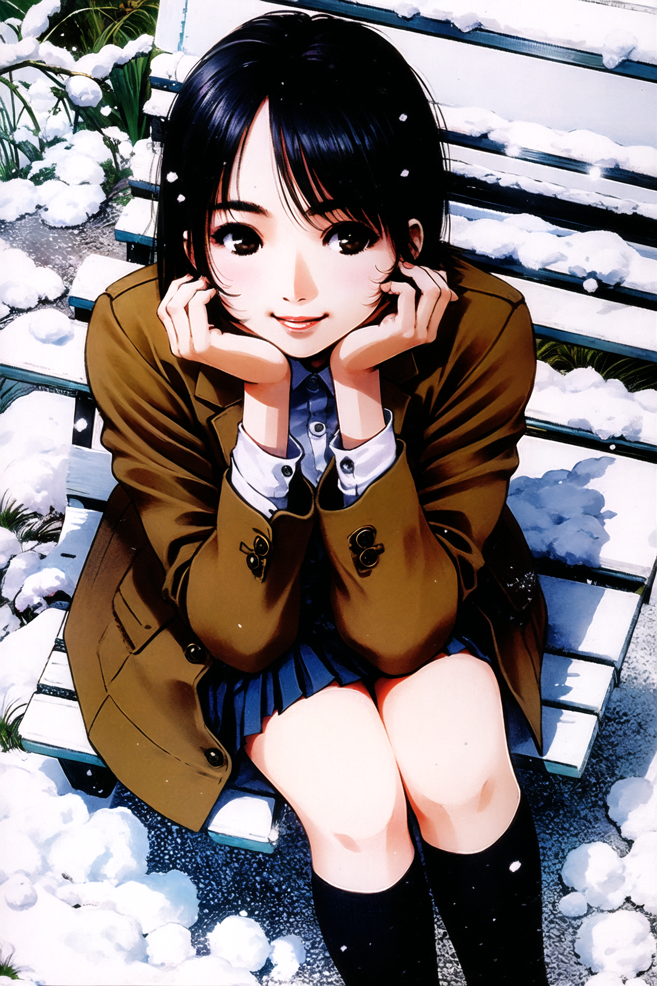 05210-2306782070-1girl, solo, black hair, sitting, looking up, snow, from above, skirt, smile, school uniform, head rest, looking at viewer, snow.png